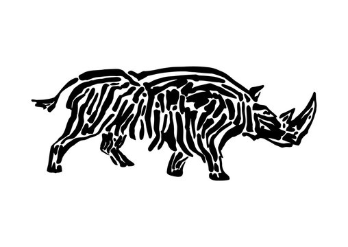 Rhinoceros animal decorative vector illustration painted by ink, hand drawn grunge cave painting, black isolated running silhouette on white background