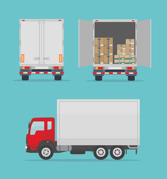 Delivery truck isolated on blue background. Side and  back view. Transport services, logistics and freight of goods. Flat style, vector illustration.