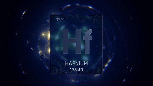 Hafnium as Element 72 of the Periodic Table. Seamlessly looping 3D animation on blue illuminated atom design background with orbiting electrons. Design shows name, atomic weight and element number