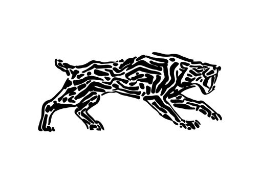 Sabre-toothed tiger animal decorative vector illustration painted by ink, hand drawn grunge cave painting, black isolated silhouette on white background