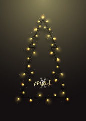 Christmas tree silhouette. Bright lighting garland. Merry Christmas and Happy New Year, vector poster.