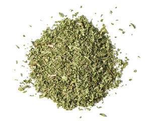 Pile of dry herbal tea of Lemon Verbena (Lippia Citriodora) isolated on white background. View from...