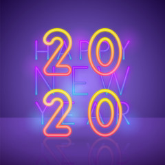 2020 New Year vector background in 80's style. Bright neon banner design.