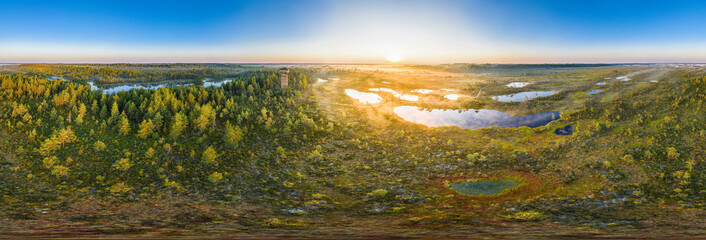 Sunrise in the bog landscape. Misty marsh, lakes nature environment background