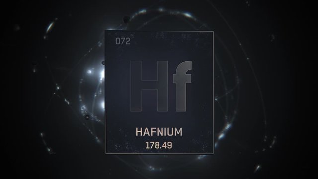 Hafnium as Element 72 of the Periodic Table. Seamlessly looping 3D animation on silver illuminated atom design background with orbiting electrons. Design shows name, atomic weight and element number