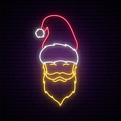 Santa Claus with ginger beard wearing red hat. Santa Claus neon sign..Vector Christmas illustration.