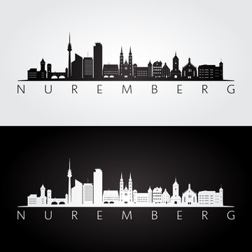 Nuremberg skyline and landmarks silhouette, black and white design, vector illustration.