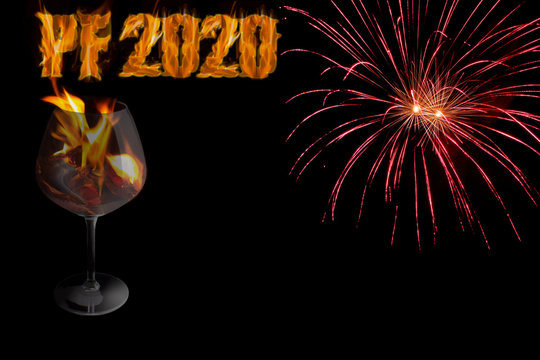 PF 2020 with glass in fire fireworks - New Year