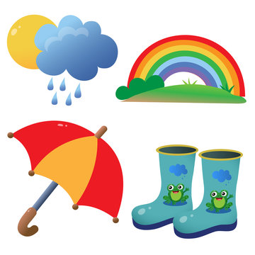 Color images of children's rubber boots with pattern, umbrella and rainbow on white background. Outdoors games. Vector illustration set.