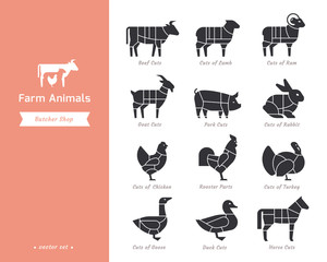Obraz premium Farm animals silhouettes collection for groceries, meat stores, packaging, and advertising.