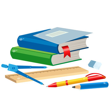 Set of school supplies. Color images of textbooks, pencil, rulers, pen and notebook on white background. Vector illustrations for kids.