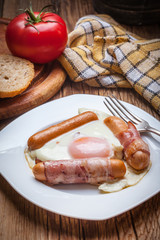 Fried eggs with sausages and bacon.
