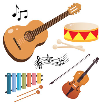 Set of musical instruments. Color images of guitar, violin, drum and xylophone on white background. Vector illustrations for kids.