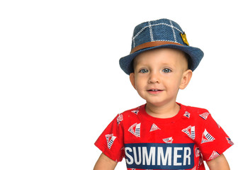 Cute baby boy in hat on isolated background.