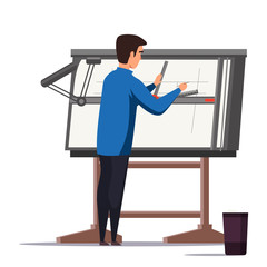 Architect designer working on project illustration. Engineer using professional equipment. Male flat character drawing building plan. Blueprint on drafting table. Confused student at maths class.