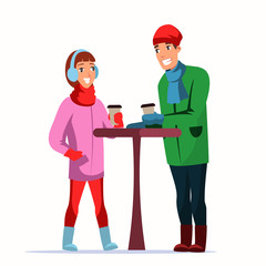 Couple with coffee at Xmas fair flat characters