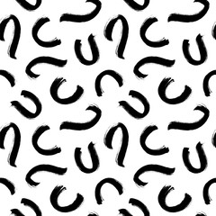 Curly waves hand drawn seamless pattern. Ink brush strokes grunge vector texture. Black wavy lines on white background.