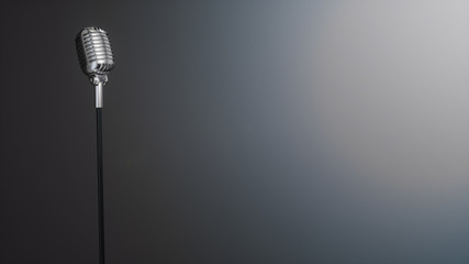 Retro silver microphone on gray background. 3D Rendering.