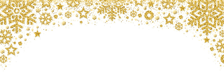 White christmas banner with golden glittering snowflakes and stars. Merry Christmas and Happy New Year greeting banner. Horizontal new year background, headers, posters, cards, website.Vector illustra