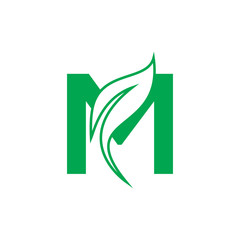 Fototapeta na wymiar Natural Letter M Modern Alphabet Green Logo Vector With Leaf. Organic Leaf Letter M Green Logo.