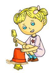 Little kid playing with basket, shovel and toys in sand box cartoon. Cute happy girl building sand castle. Childhood. Children games, amusement. Vector illustration.