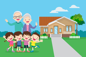 Obraz na płótnie Canvas grandparents with kids and background of them home