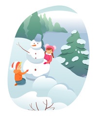 Winter outdoor recreation flat illustration. Wintertime games and leisure activity for kids isolated clipart. Children cartoon characters building snowman, playing in snow design element.