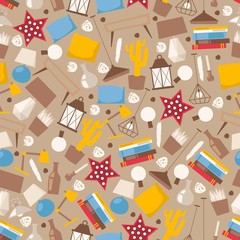 Interior design accessories in seamless pattern, vector illustration. Set of flat style icons, stylish details for cozy home, interior items for modern apartment