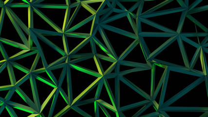 abstract futuristic green wire frame triangular 3d illustration on black background. wallpaper