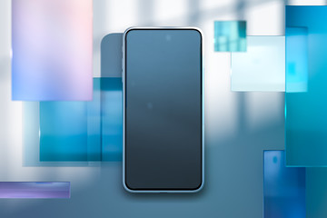 Modern mobile phone with blank screen on glossy and matte squares background. 3d rendering. Front view