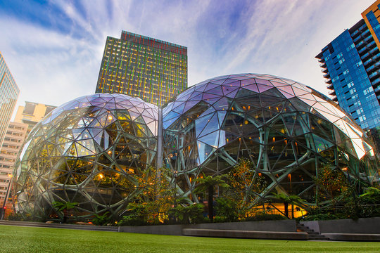 Seattle, Washington - November 22, 2019 (Image has been digitally altered): General view of Amazon Spheres in downtown Seattle, Washington