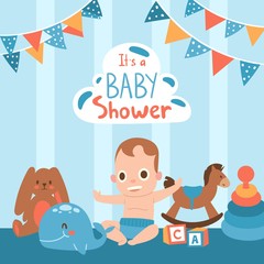 Baby shower, vector illustration. Cute little boy cartoon character playing with toys. Birthday greeting card, gifts for newborn kid. Invitation to baby shower