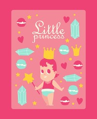 Little princess, vector illustration. Cute baby girl with crown and magic wand, flat style icons, poster in pink colors. Invitation to baby shower, birthday greeting card