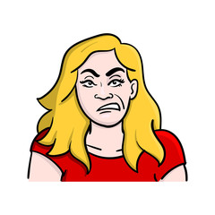 Blonde woman looks evil in the camera. teeth, mouth, eyebrows, scrawny, emotions, avatar.