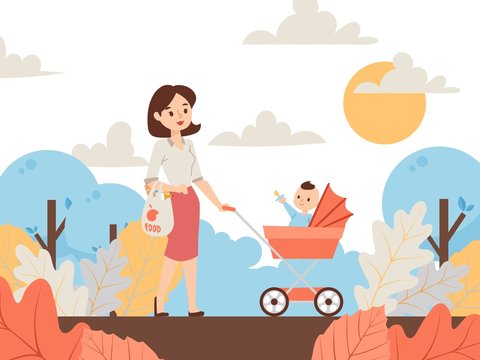 Mother walking in park with baby stroller, vector illustration. Young woman with groceries bag strolling outdoor with newborn child. Mom spends time with her kid in nature