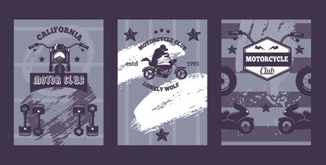 Bikers club banners with motorcycle silhouette, vector illustration. Grunge retro style poster with icons and brush strokes. Bike riders festival invitation, motorcycle band