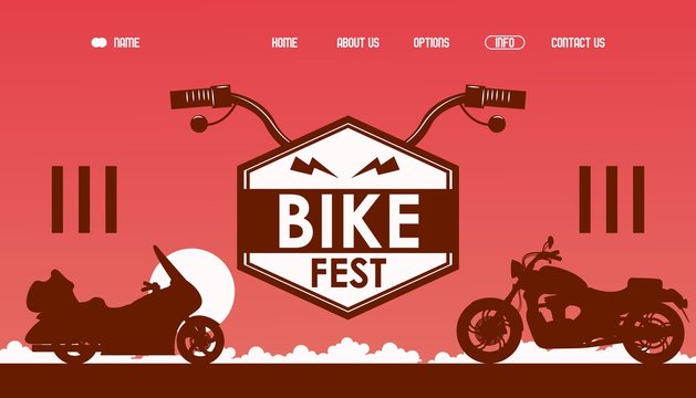 Bike fest website design, vector illustration. Landing page template for motorcycle riders festival, bikers band party, subculture club. Motorcycle silhouette