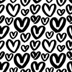 Black paint hearts vector seamless pattern. Hand drawn romantic symbols on white background.