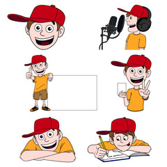 Set of six illustrations of a little schoolboy with a red cap. Laugh, hold, write, sing, micro, yellow, vector.