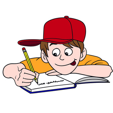 a boy sitting laughing in front of his exercise book writing something. cap, homework, red, yellow, poetry, painting, child.