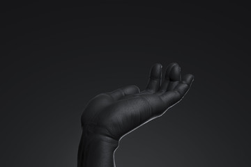 Realistic human hand with empty space as showcase isolated on black background. 3d rendering. Minimalism