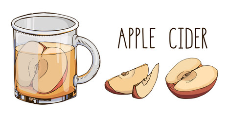 Set of hand drawn vector elements in orange red and blue colors isolated on white background. Apple cider and fruit slices. Popular winter beverage. Christmas cocktail. Menu design. Modern lettering.