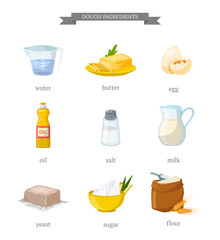 Fototapeta na wymiar Dough ingredients flat vector illustrations set