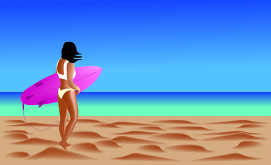 Obraz na płótnie Canvas Tanned girl with black hair in a white swimsuit with a surfboard on a background of yellow sand and blue sea or ocean. Space for text. Advertising banner for sports. Vector illustration