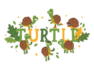 Turtle cartoon character on typography background, vector illustration. Cute tortoise in various action poses, on roller skates, smiling and running