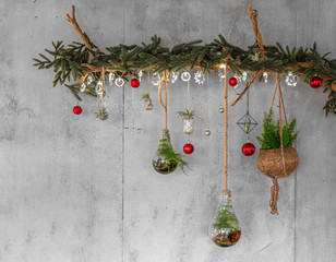 Decorative Wooden Branch with fir branches and hanging red christmas baubles, silver lights like snowflakes, fern and air plant, on a modern cement or concrete wall in the Living room