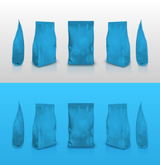 Blue washing powder packaging. Sachet for bread, coffee, sweets and cookies
