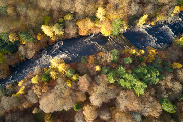 Aerial view of River Esk at Glenesk in Angus Scotland during Autumn colourful tree leaves