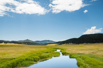 A calm stream reflects a beautiful blue sky as it curves through lush green meadows in the...