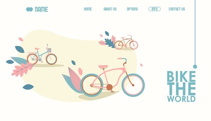 Bicycle website design, vector illustration. Landing page template in modern flat style, creative concept of active leisure, bicycle transport. Outdoor recreation